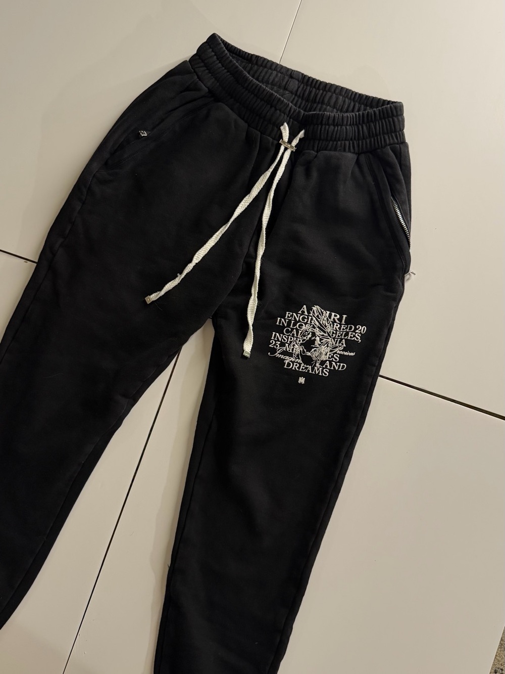 AMIRI Black Sweatpants with White Drawstring & White Logo